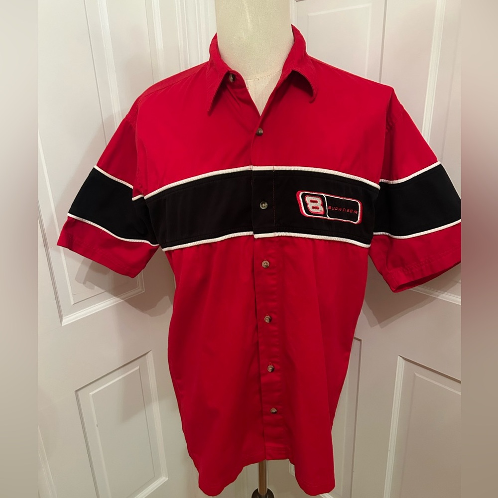 Dale Jr Racing Shirt Budweiser #8 Men Sz L NASCAR Y2K VTG Red Black Embroidered